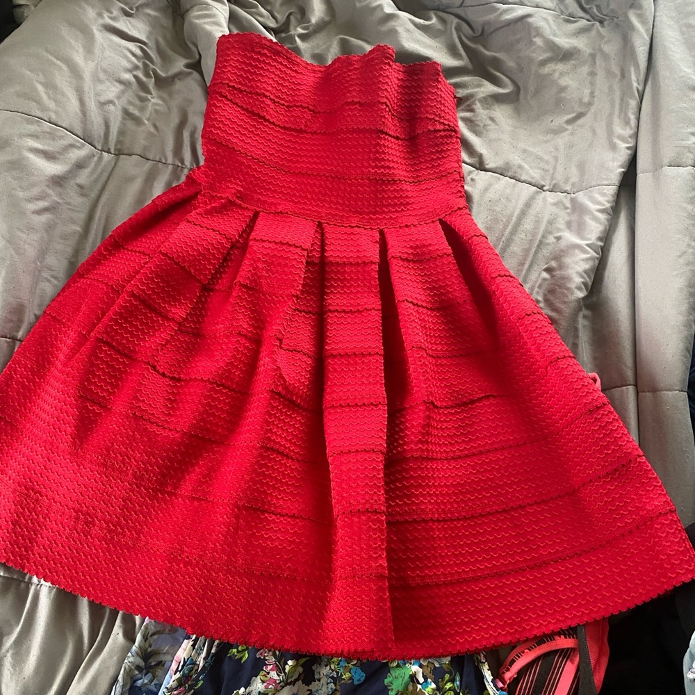 Red banded strapless dress